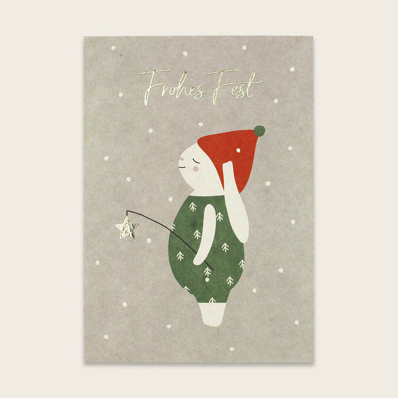 Postkarte Schneehase grün mit Goldeffekten – Frohes Fest