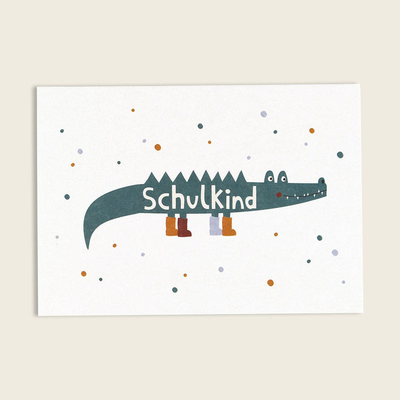 Postkarte Krokodil, Serie “Wild Child” – Schulkind