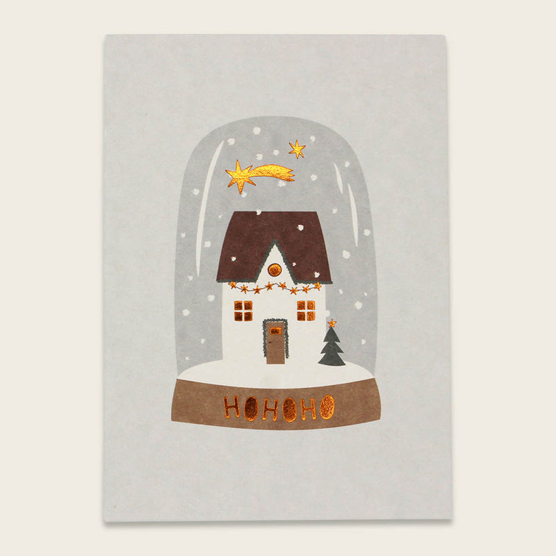 Postkarte Schneekugel mit Haus, Kupferfolie