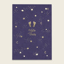 Postkarte Sterne und Planeten, nachtblau mit Goldfolie – Hello Baby Postkarte Ava & Yves