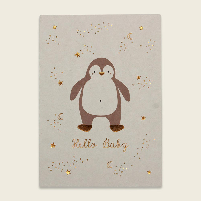 Postkarte Pinguin mit Kupferfolie, rosé – Hello Baby