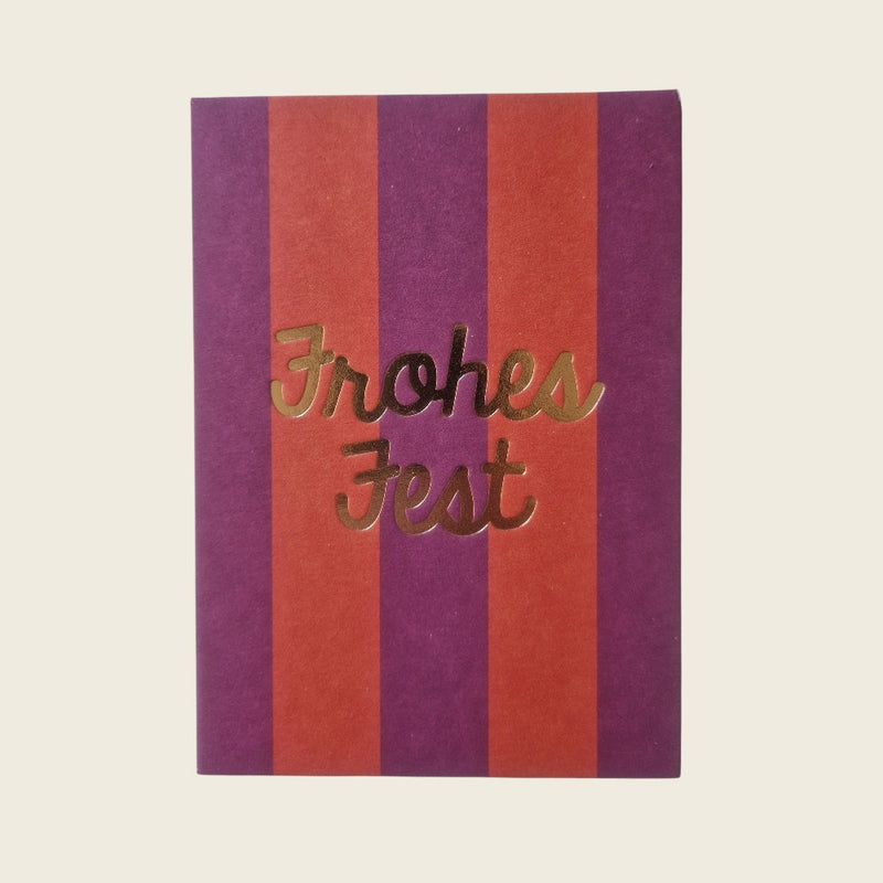 Postkarte Streifen mit Goldeffekt, lila/rot, Frohes Fest