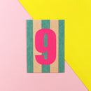 Postkarte Zahl 9, petrol/rosa, Neon Pink