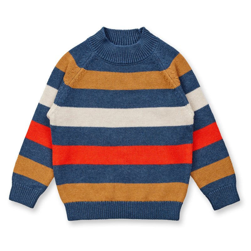 Sense Organics Strickpullover Ezra Blue-Camel-Orange Red Stripes