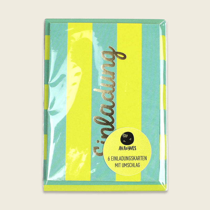 Einladungskarten-Set Streifen, mint/gelb – Einladung