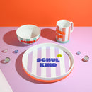 Porzellan-Set Schulkind Streifen, flieder und pink mit großem Teller (23cm), Becher und Müslischale Geschirr Ava & Yves