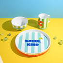 Porzellan-Set Schulkind Streifen, türkis und grün mit großem Teller (23cm), Becher und Müslischale Geschirr Ava & Yves