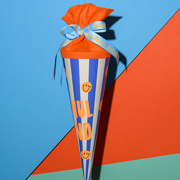 Schultüte mit Streifen blau/neon-orange 35cm