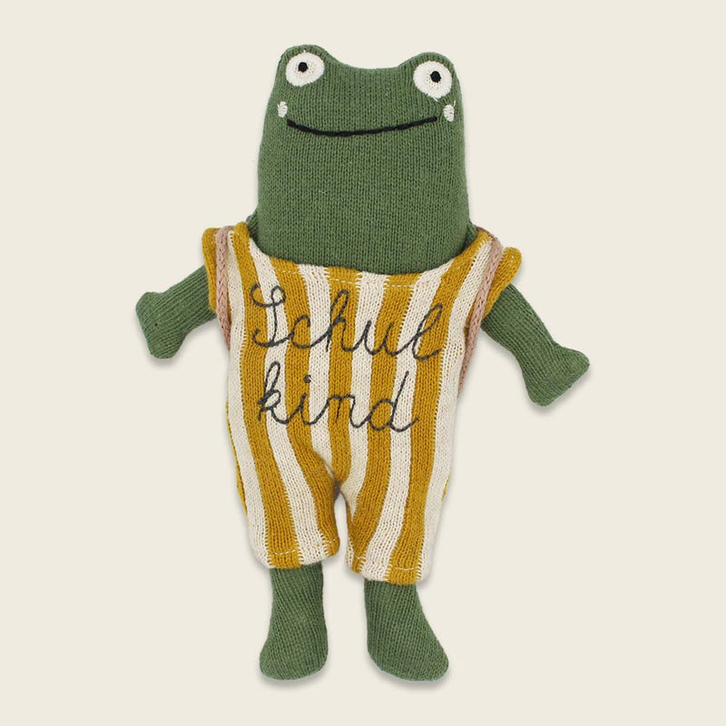 Frosch “Schulkind” grün, mit Schulranzen und Anzug in gelb/creme 20cm