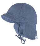 Mini Schildmütze mit Nackenschutz Musselin Altindigo-weiß-Streifen